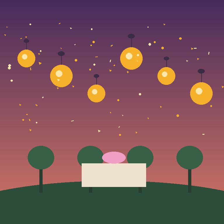 Garden party with hanging lanterns at dusk